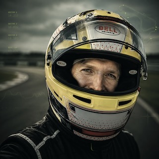 Paul Summer, founder, in his kart helmet on track