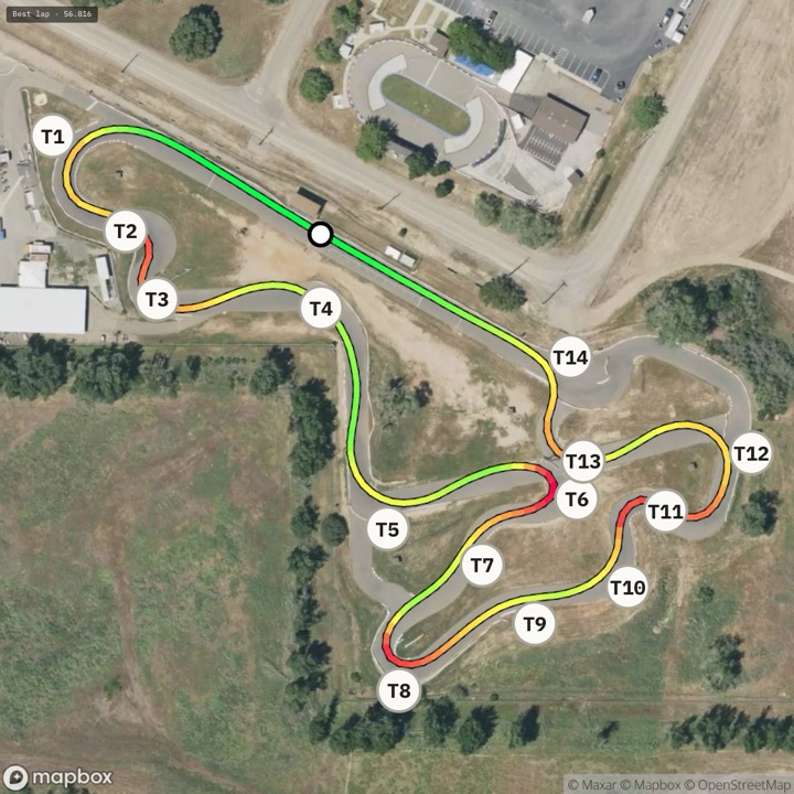 A racing line on a satellite map of the track, colored by speed. Red in the slow corners through green on the straights, every corner numbered.